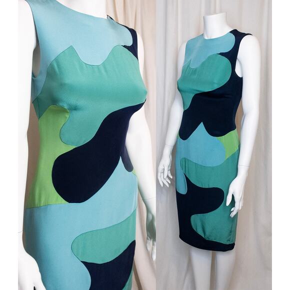 LELA ROSE Groovy Blue Abstract Print 100% Silk Sleeveless Sheath Dress US 2 - Picture 1 of 12